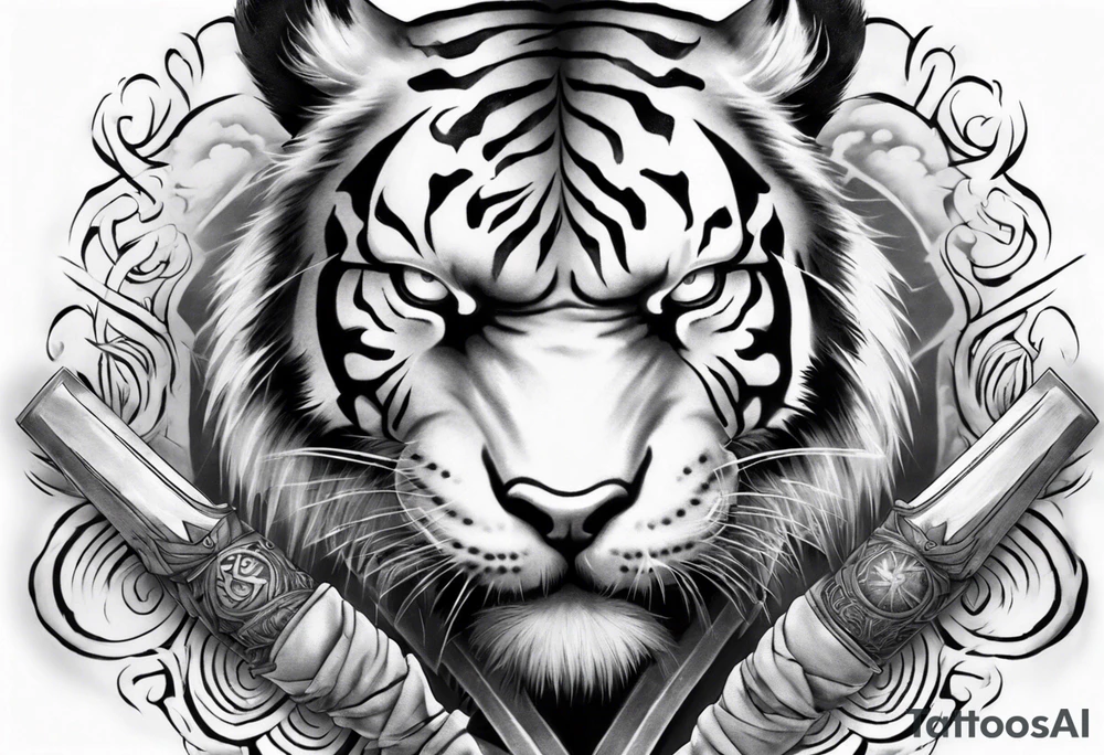 Tiger Warrior sleeve tattoo with lightning and the sun
Forearm sleeve tattoo idea