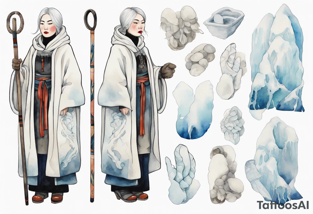 an Inuit woman with white hair, wearing mittens, wearing a white cloak, holding a white staff, wearing mukluks, standing on an iceberg tattoo idea