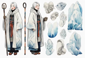 an Inuit woman with white hair, wearing mittens, wearing a white cloak, holding a white staff, wearing mukluks, standing on an iceberg tattoo idea