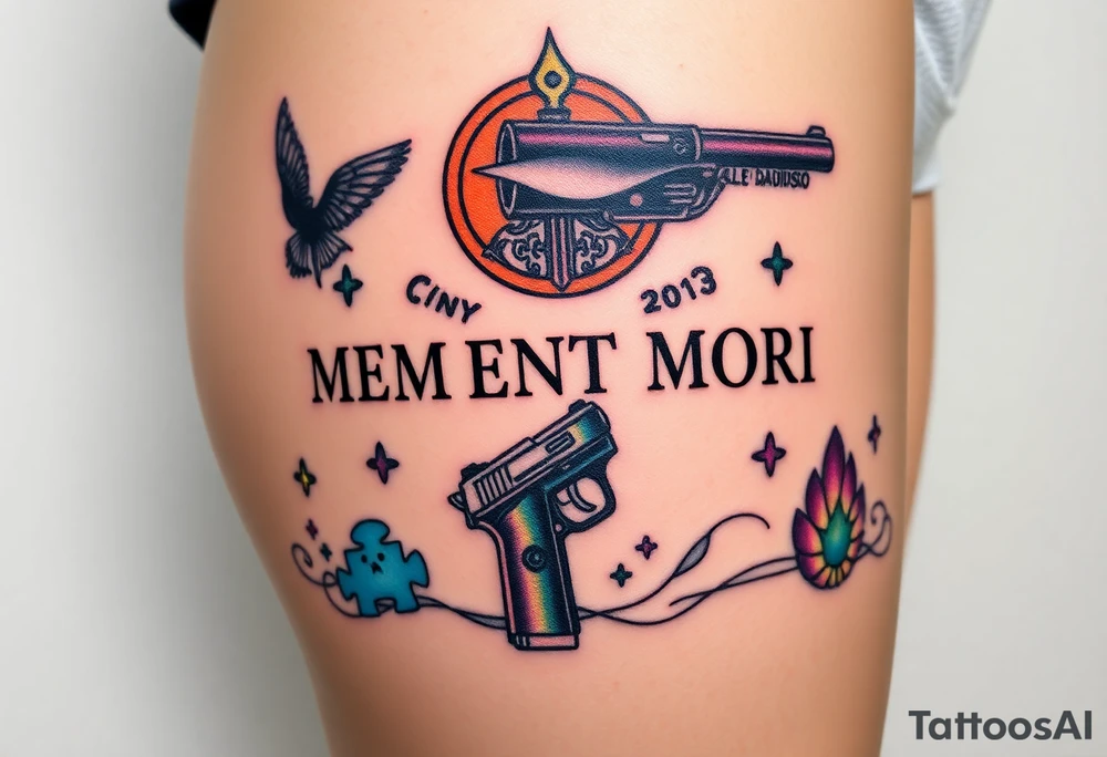 colorful futuristic memory tattoo for passed boyfriend;, Harley Davidson, skateboarding, puzzle pieces, video games, heaven, god, outdoors, beretta 9mm gun, disc golf, words "MEMENTO MORI" & DARTH CARTER tattoo idea