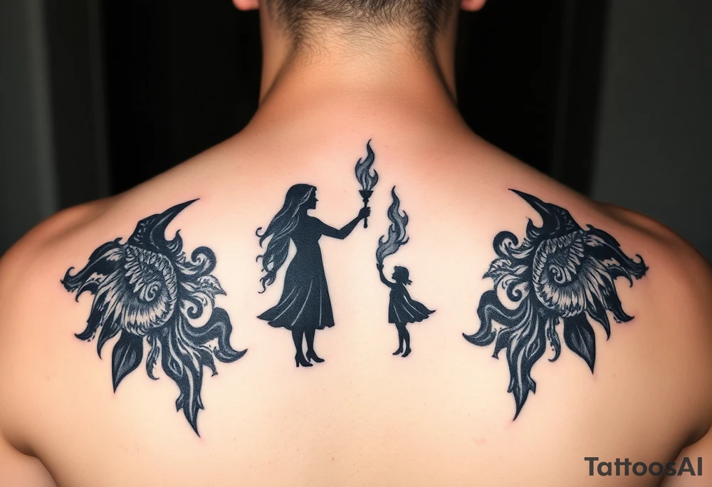Silhouette of a mother passing a flame to two daughters tattoo idea