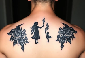 Silhouette of a mother passing a flame to two daughters tattoo idea
