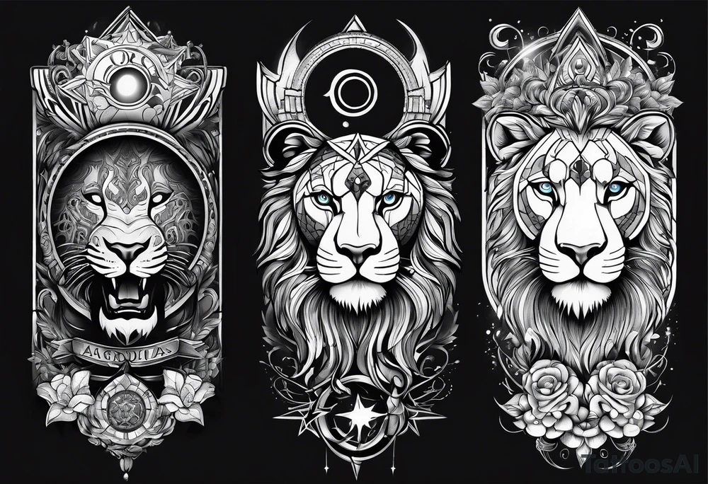 tattoo full sleeve that includes astrologic signs of  cancer, aquarius, lion and sagittarius tattoo idea