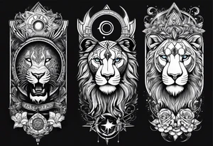 tattoo full sleeve that includes astrologic signs of  cancer, aquarius, lion and sagittarius tattoo idea