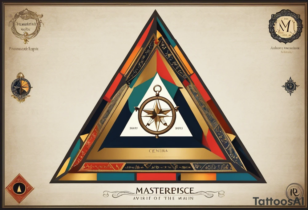 Design Layout
Primary Shape: A triangle as the main framing element, representing harmony and balance. The triangle contains and organizes all other elements inside and around it.
Central Element: Compass in the center of the triangle, symbolizing guidance and direction.
Symbol Placement and Details
Anchor (Strength): Positioned at the lower-left point of the triangle, grounded and stable to represent strength and resilience.
Heart (Love): Placed near the upper-left of the triangle, symbolizing love as a core value.
Olive Branch (Peace): Located at the upper-right of the triangle, with soft, curved lines to convey calmness and peace.
Open Hand (Kindness): Positioned at the lower-right point of the triangle, slightly reaching out or open to symbolize kindness and generosity.
Lotus Flower (Compassion): In the center of the triangle surrounding or beneath the compass, symbolizing personal growth, compassion, and enlightenment.
Chain Link (Loyalty): Integrated into one side of the triangle’s border or framing, symbolizing unbreakable bonds and loyalty.
Sun (Goodness): Above or behind the triangle, radiating subtly to symbolize light, warmth, and goodness.
Clear Open Eye (Honesty): Near the compass or positioned centrally within the triangle, representing clarity, insight, and honesty. tattoo idea