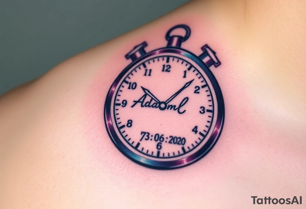 A stopwatch clock, which contains the child’s name "AdamL and birth date "03. 06. 2020", in blue, purple, and silver tattoo idea