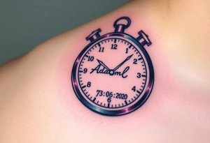 A stopwatch clock, which contains the child’s name "AdamL and birth date "03. 06. 2020", in blue, purple, and silver tattoo idea