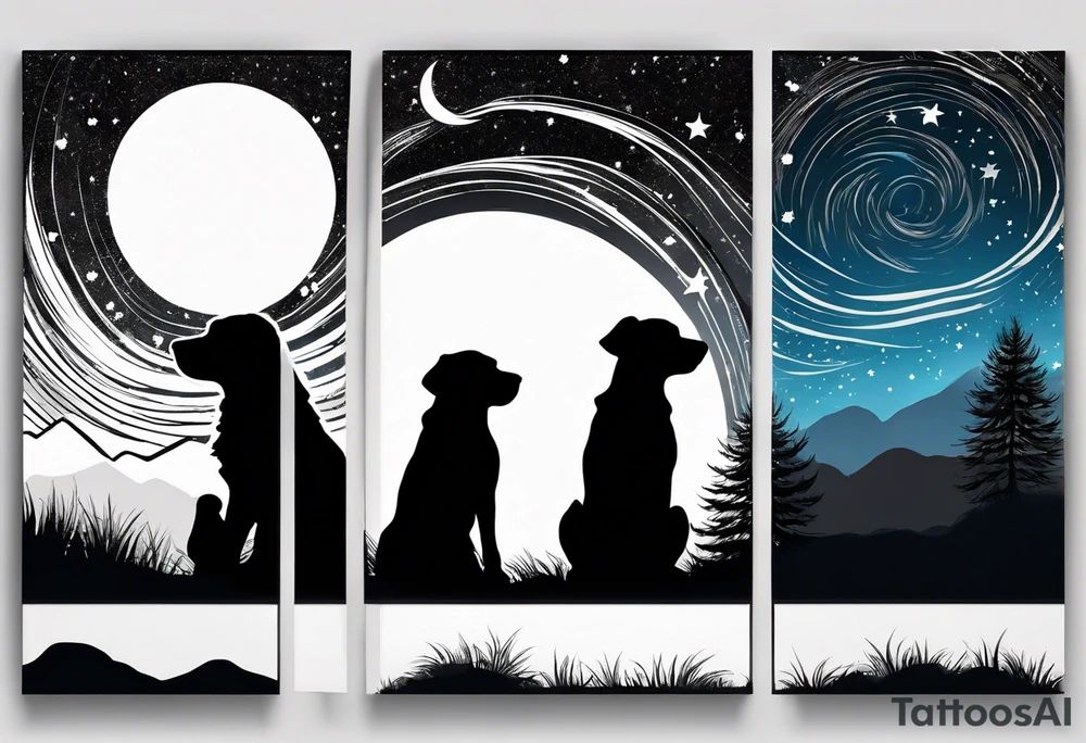 3 black silhouettes of dogs looking up at the night sky tattoo idea