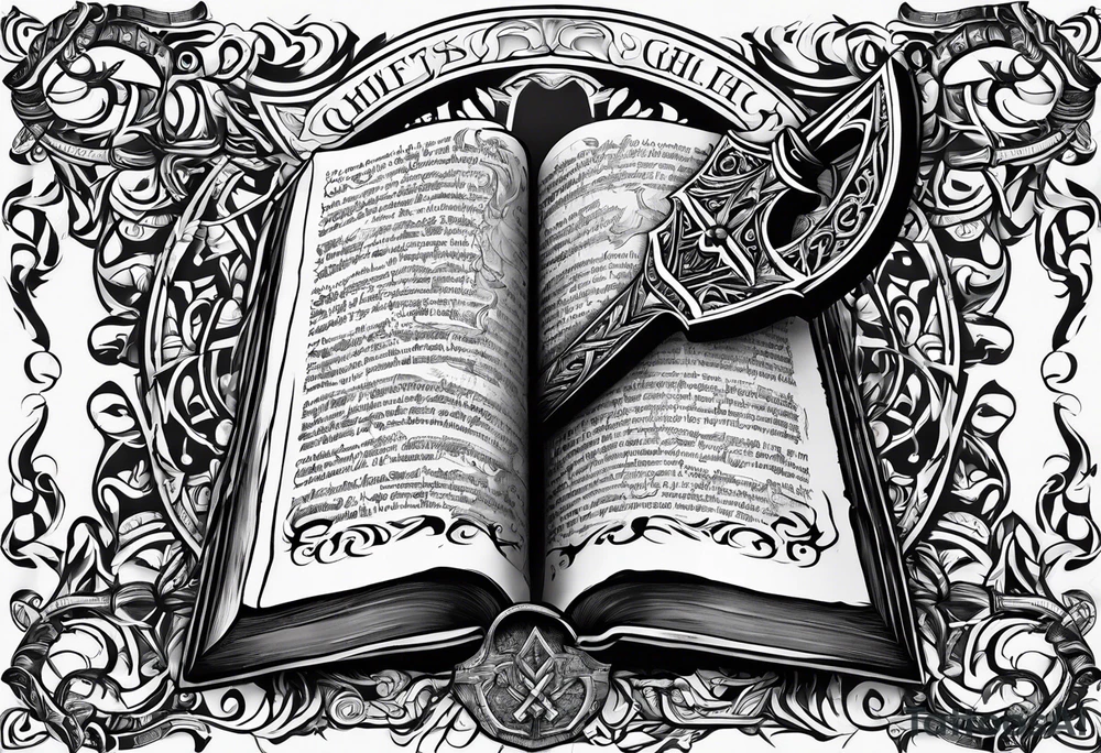 An opened bible with a battle Axe tattoo idea