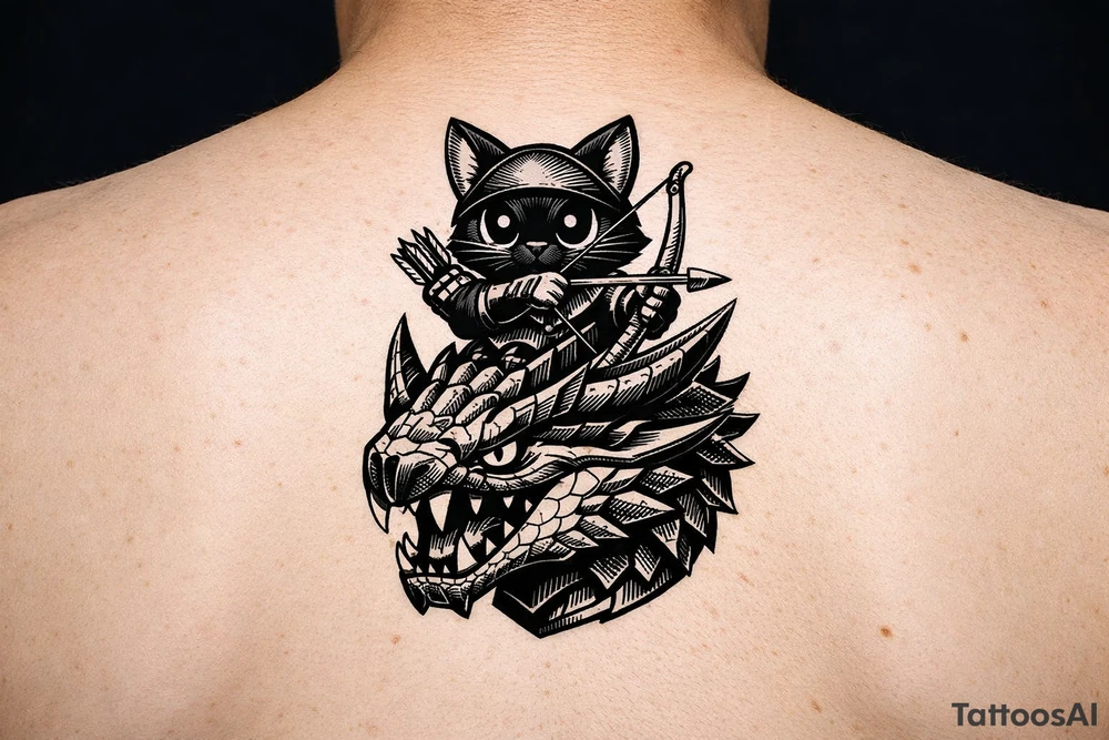 A vertical illustrative tattoo design, 2D vector style. A cute black Palico feline cat with realistic cat ears, and large glowing solid eyes is riding on the back of a Nargacuga dragon. The camera is zoomed in tight as a close-up portrait, showing only the full cat on top and the dragon's head and neck directly below it, acting as a compact pedestal base. The cat is holding a wooden hunter's bow and arrow. The dragon has sleek, smooth, interlocking reptilian wyvern scales, sharp fangs, and a glowing red streak trailing backward from its eye. Thick clean black outlines, clear spacing, solid white background, zero feathery textures, no 3D shading, stencil ready. tattoo idea
