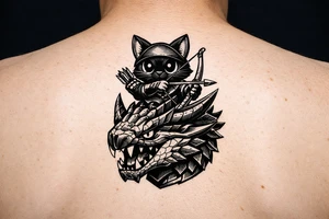 A vertical illustrative tattoo design, 2D vector style. A cute black Palico feline cat with realistic cat ears, and large glowing solid eyes is riding on the back of a Nargacuga dragon. The camera is zoomed in tight as a close-up portrait, showing only the full cat on top and the dragon's head and neck directly below it, acting as a compact pedestal base. The cat is holding a wooden hunter's bow and arrow. The dragon has sleek, smooth, interlocking reptilian wyvern scales, sharp fangs, and a glowing red streak trailing backward from its eye. Thick clean black outlines, clear spacing, solid white background, zero feathery textures, no 3D shading, stencil ready. tattoo idea