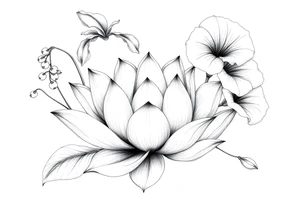 Lotus surrounded by Lilly of the valley on left side iris above and morning glory flowers to the right. tattoo idea