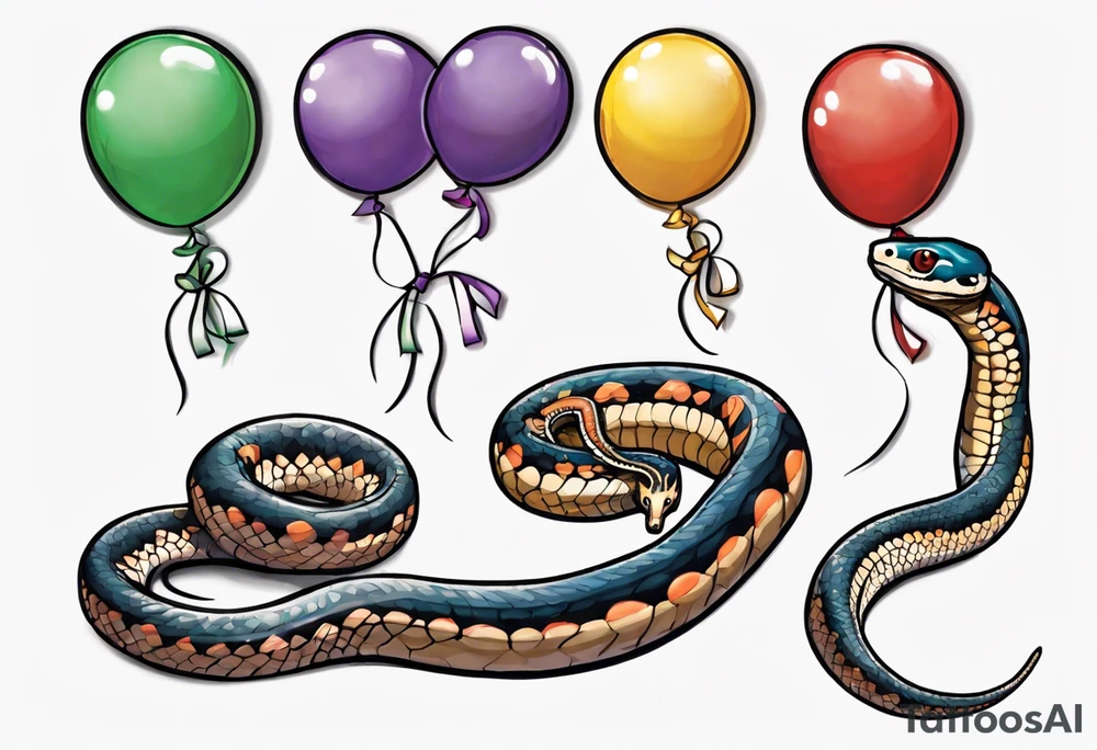 ballpython sorrounded by colored balloons tattoo idea