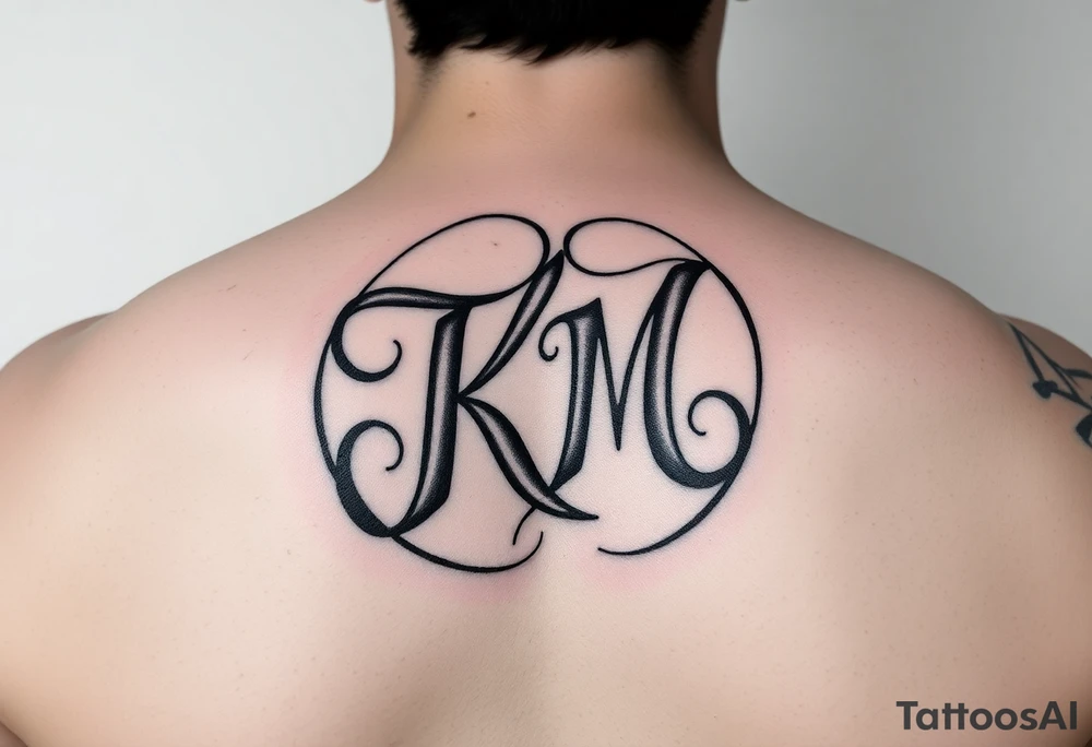 letters only fancy but rugged twisted and intertwined circular arched curvy lettering (KM -KeezY MadE) almost like the the roca wear symbol clothing brand trademark RW but with KM tattoo idea