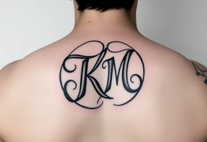 letters only fancy but rugged twisted and intertwined circular arched curvy lettering (KM -KeezY MadE) almost like the the roca wear symbol clothing brand trademark RW but with KM tattoo idea