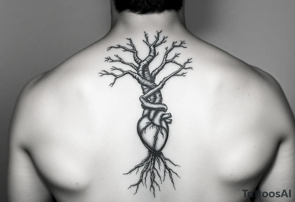 DNA tree trunk with roots and anatomical heart inside the roots tattoo idea