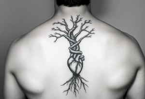 DNA tree trunk with roots and anatomical heart inside the roots tattoo idea
