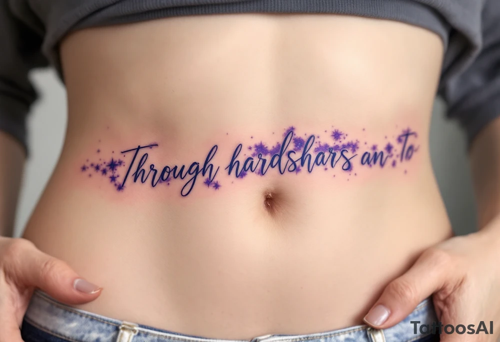 The quote “Through hardships To the stars” flows in navy ink around a violet galaxy, etched along the ribs. tattoo idea