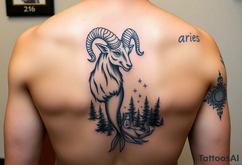 color tattoo, on the shoulder and forearm in the Neo-Traditional style: zodiac sign Aries, a majestic ram with horns curled upwards, a beautiful mermaid and a forest around with a starry sky tattoo idea