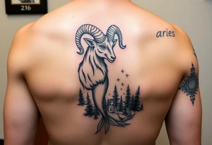 color tattoo, on the shoulder and forearm in the Neo-Traditional style: zodiac sign Aries, a majestic ram with horns curled upwards, a beautiful mermaid and a forest around with a starry sky tattoo idea
