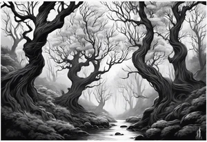 Leshy creepy trees tall tattoo idea