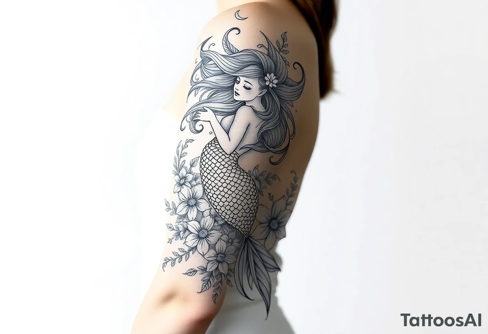 ethereal mermaid with flowing hair among coral and sea flowers tattoo idea