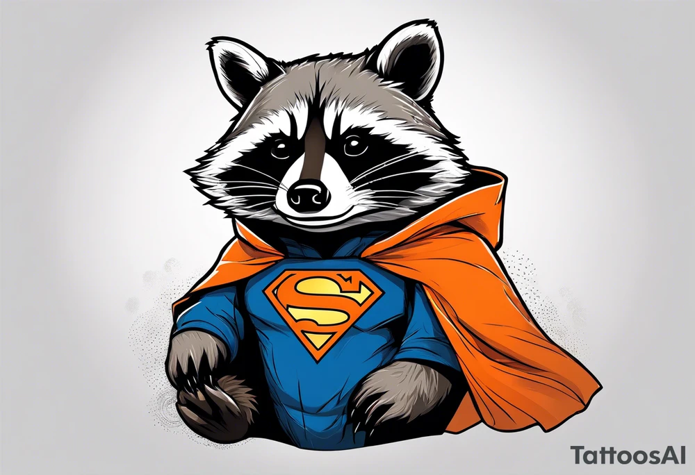 Raccoon wearing an orange Superman hoodie tattoo idea