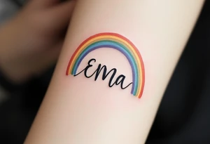 Ema written in a watercolor rainbow arc, delicate and joyful. tattoo idea