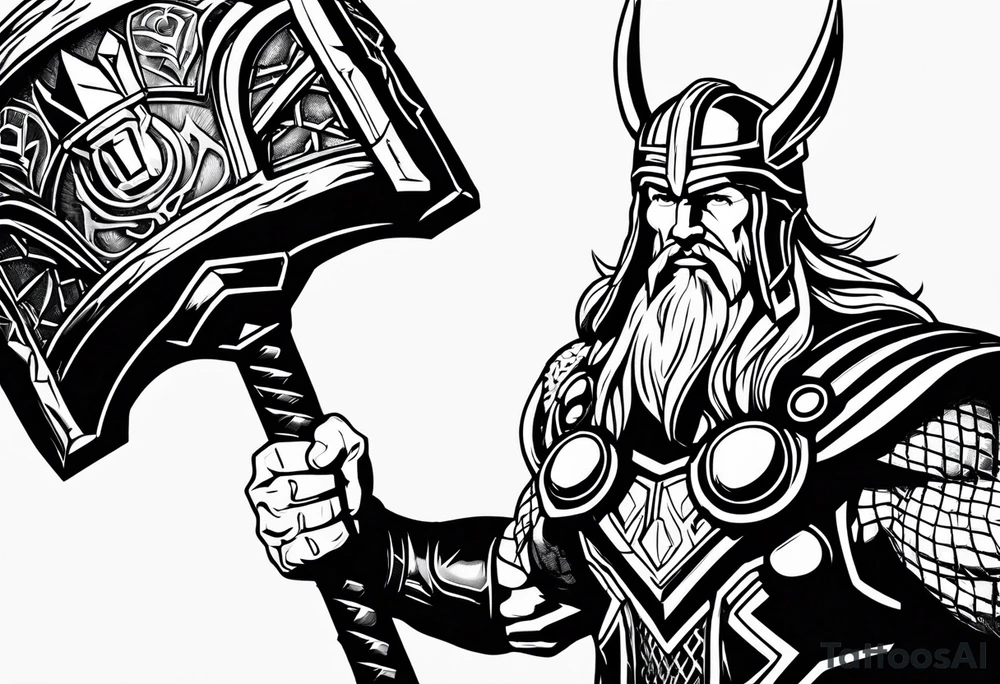Thor mit Hammer in der Hand kämpft gegen riesige Schange tattoo idea