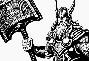 Thor mit Hammer in der Hand kämpft gegen riesige Schange tattoo idea