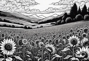 beautiful and heavily detailed sunflower meadow valley with two large bumble occupying the sky with perfect cumulous clods tattoo idea