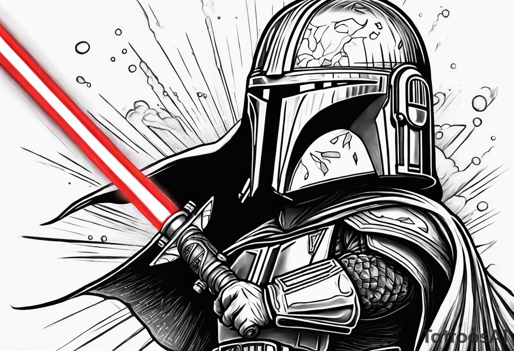 Baby grogu wearing mandalorian armor fighting Darth vader while wielding a red lightsaber tattoo idea
