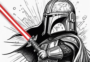 Baby grogu wearing mandalorian armor fighting Darth vader while wielding a red lightsaber tattoo idea