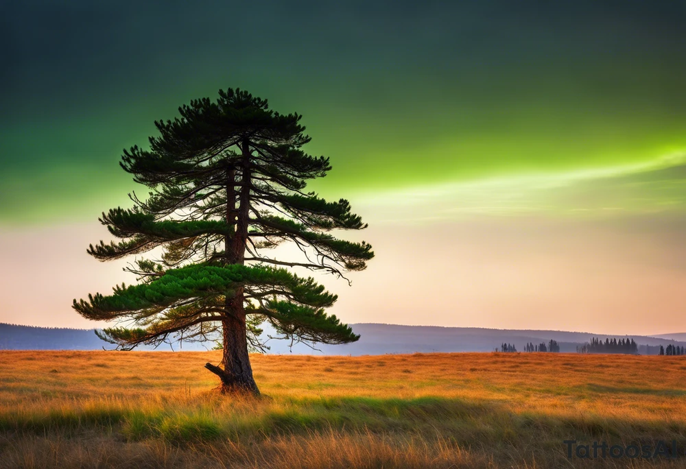 A solitary pine tree standing tall in an empty, open field, with vibrant green needles covering only one side of the tree. The other side is stark and bare, with branches exposed and no leaves. The scene is illuminated by soft, early morning light, creating a contrast between the lush side and the barren side of the tree. The empty field stretches out in all directions, emphasizing the unique appearance of the lone pine tree. --v 5 --ar 16:9 --q 2 tattoo idea