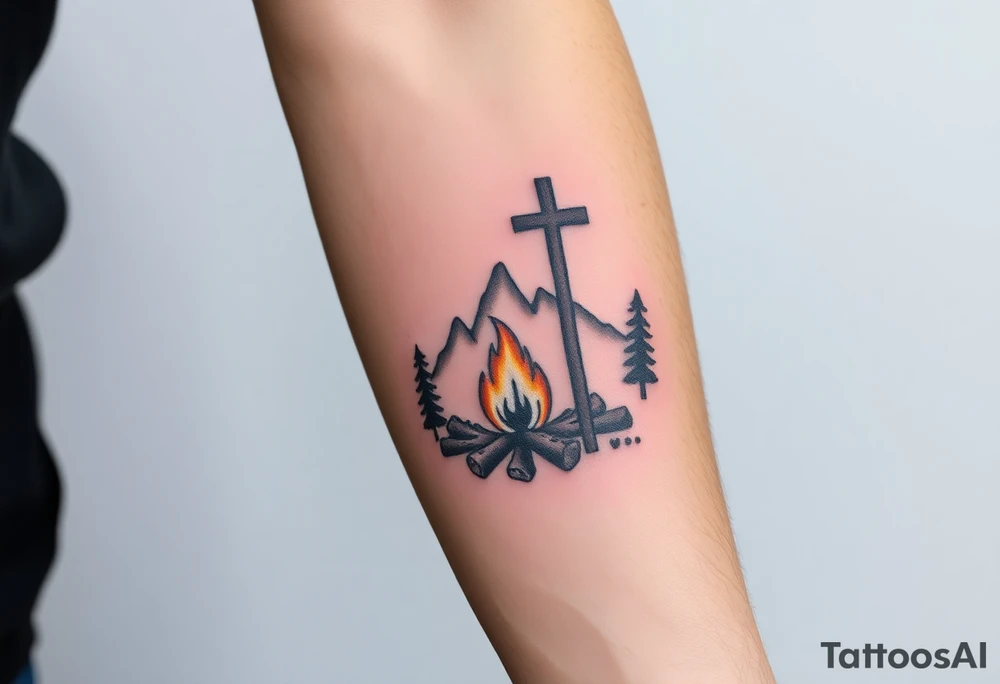 Campsite with a campfire with a cross tattoo idea
