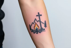 Campsite with a campfire with a cross tattoo idea