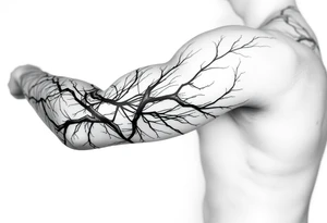 Lines that run/scattered across the veins, creating almost wound-like feel and is abstract linear. Almost paintbrush effects too. But not too many lines. tattoo idea
