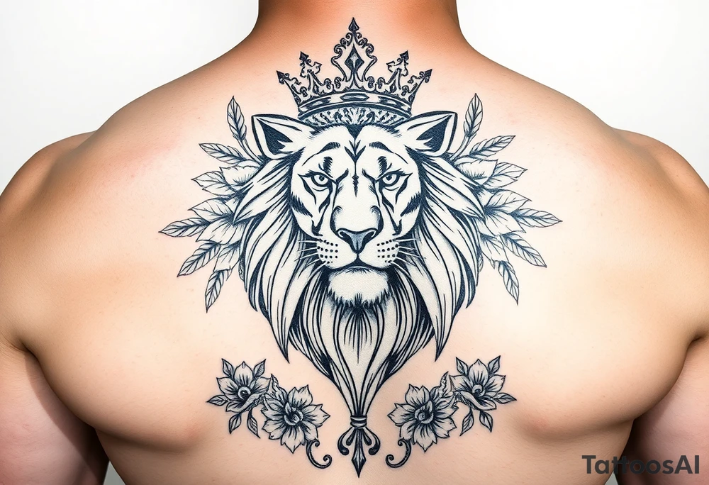 powerful majestic lion with a crown, surrounded by floral ornaments and birds tattoo idea