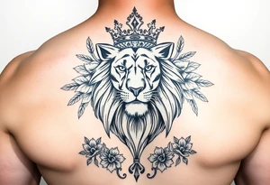 powerful majestic lion with a crown, surrounded by floral ornaments and birds tattoo idea