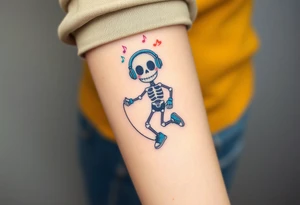 Funny smiley skeleton with love shape in his eyes jumping on a jump rope with blue headphones and blue armbands and blue sneakers with colorful music notes around his head tattoo idea