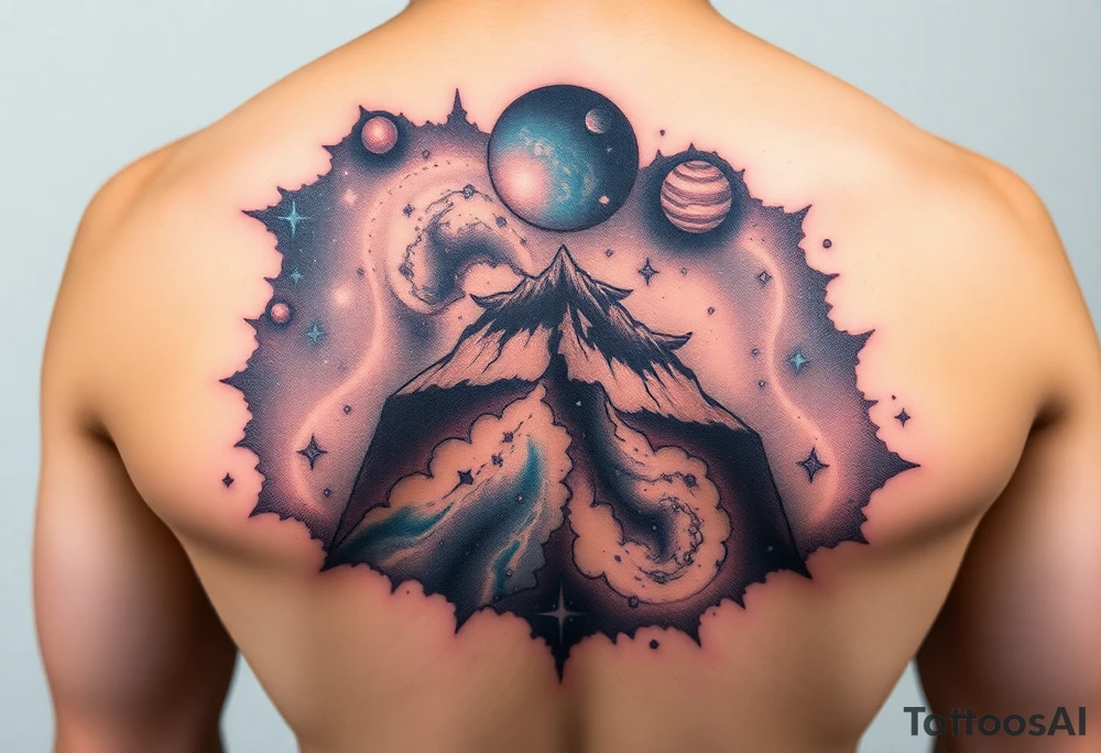 Beautiful and epic 3d milky way that appears to be what is beneath the skin. Make it drape over the shoulder and move to the middle back. use negative spaces to create planets and stars.Keep it symmetrical tattoo idea