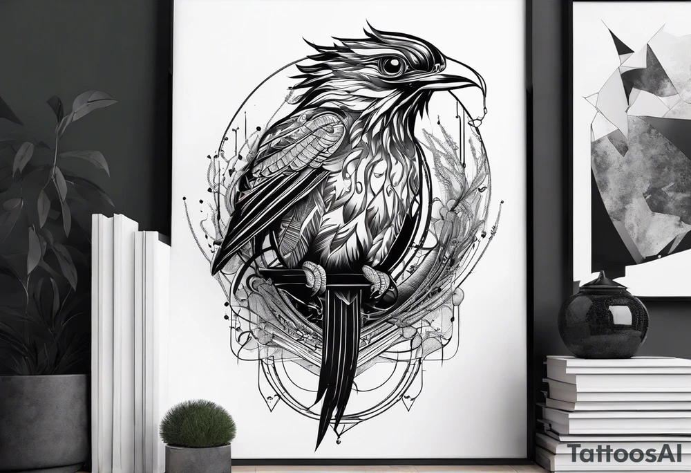 Minimalistic design Cyberpunk Quetzal that has cybernetic neurons coming from the bottom. tattoo idea