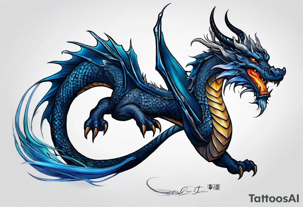 An epic floating dragon. Its long body coiling dynamically, with scales and horns detailed to create a sense of movement and strength. The dragon's main color is midnight blue, giving a vibrant depth and a mystical aura. This tattoo highlights the dragon’s fierce expression and sharp claws. tattoo idea