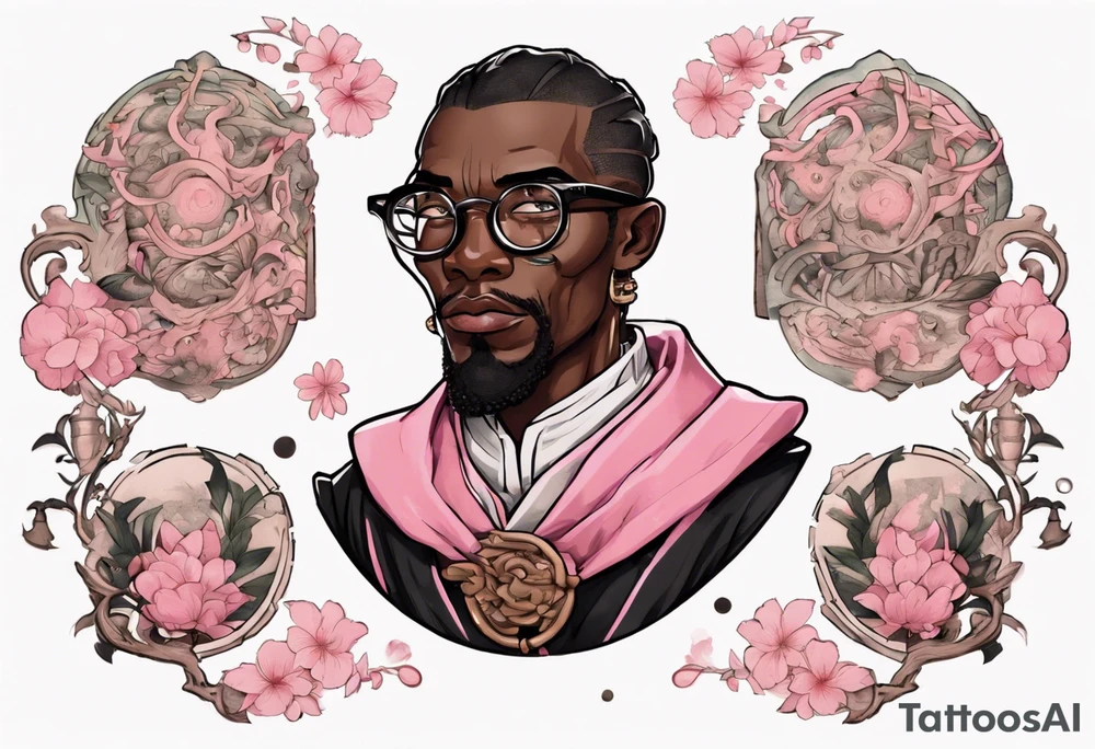 a medieval black man wearing round glasses, wearing pink belt wearing a black tunic tattoo idea