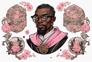a medieval black man wearing round glasses, wearing pink belt wearing a black tunic tattoo idea