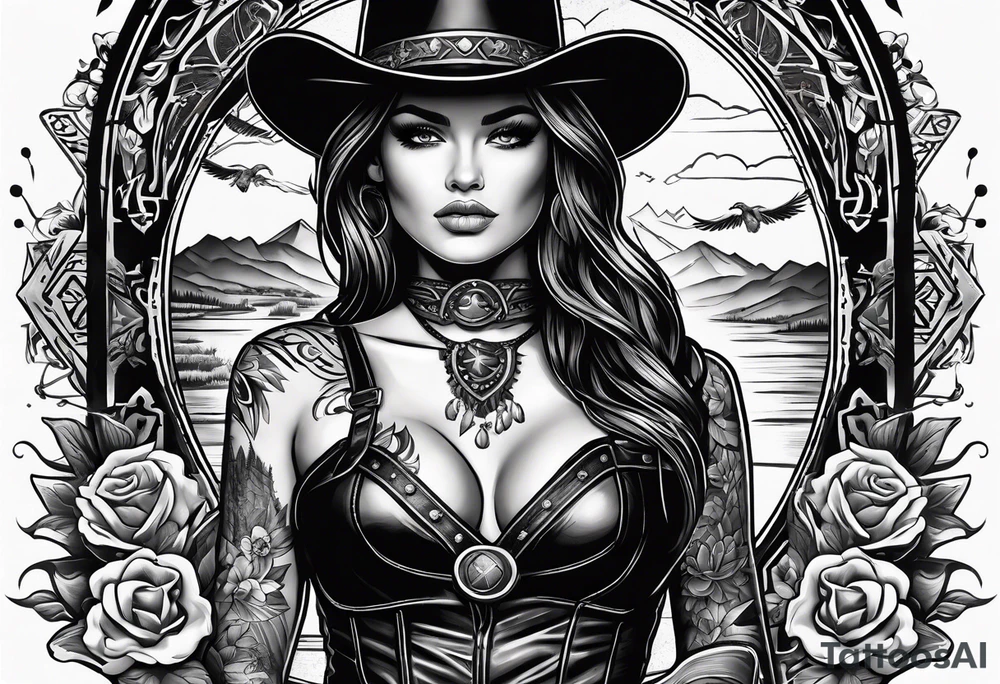 women’s sleeve with a wild west vibe with elements of a cowboy, playing cards, and birds tattoo idea