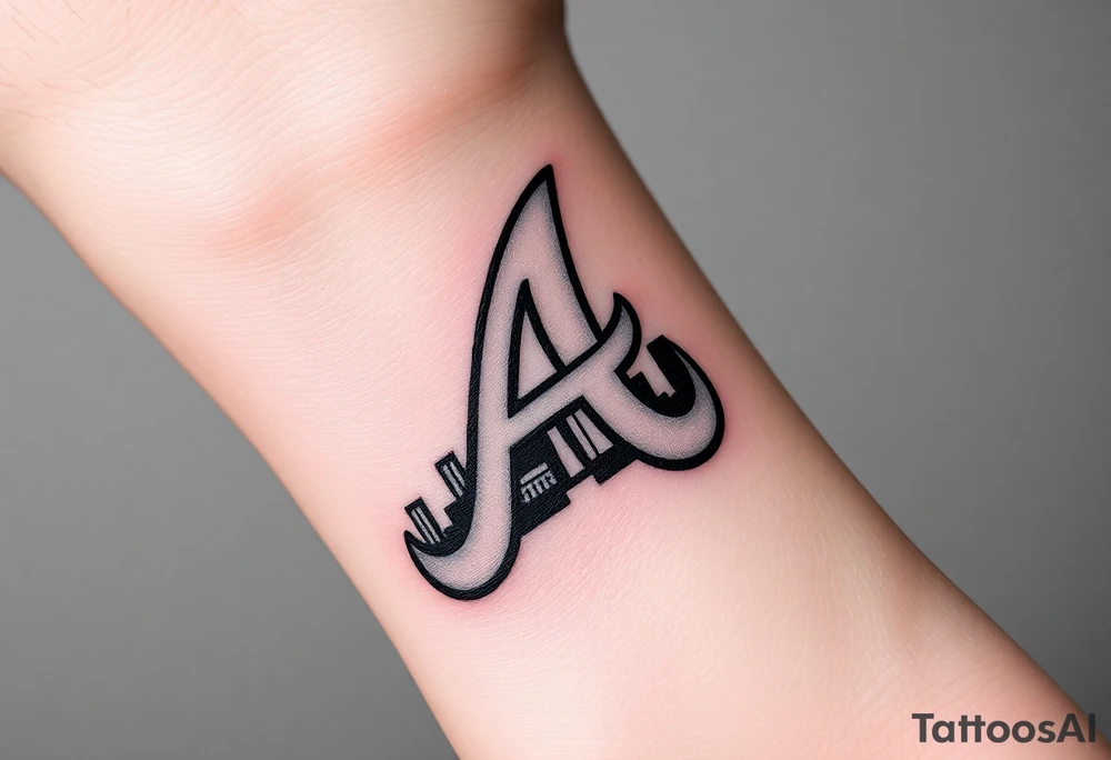 On the front of the wrist Atlanta Braves logo “A” overlapping a 3D Atlanta skyline. tattoo idea