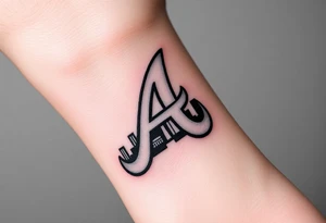 On the front of the wrist Atlanta Braves logo “A” overlapping a 3D Atlanta skyline. tattoo idea