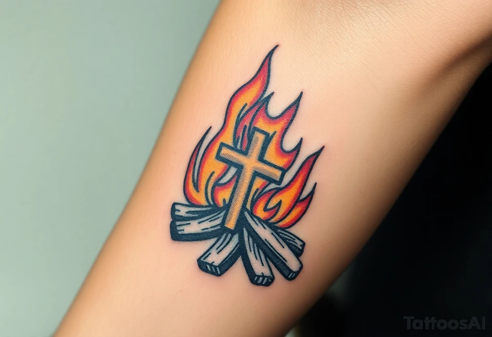 Campfire with a cross hidden in the flames tattoo idea