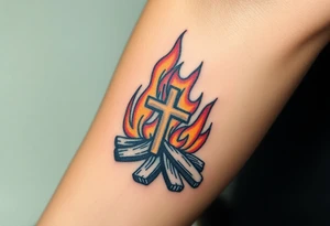 Campfire with a cross hidden in the flames tattoo idea